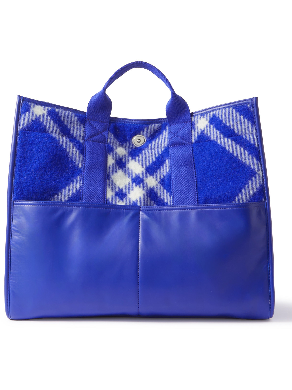 Burberry Leather-trimmed Checked Wool Tote Bag In Blue