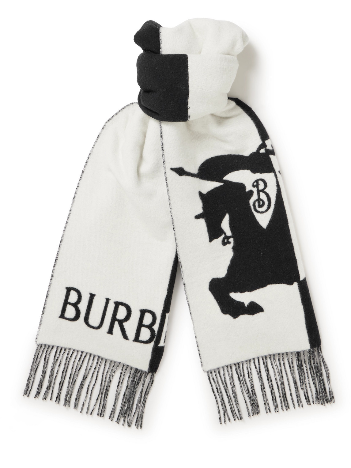 Burberry Fringed Colour-block Wool And Cashmere-blend Jacquard Scarf In Black
