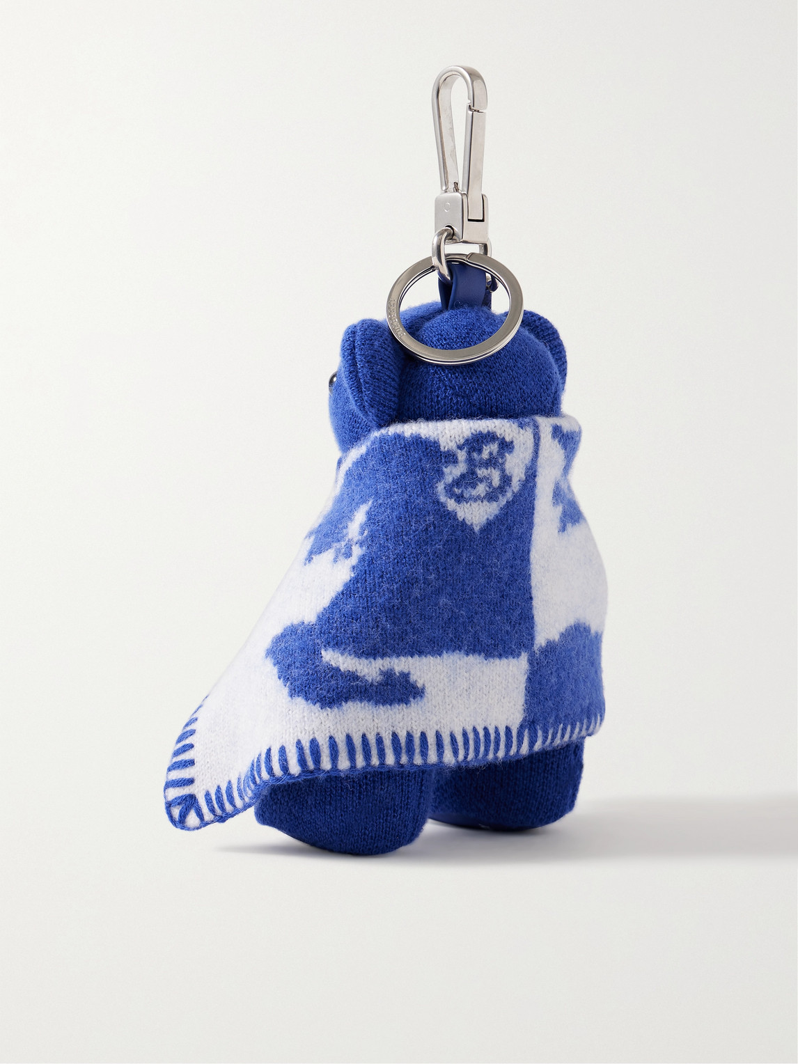 Shop Burberry Leather-trimmed Intarsia Wool And Cashmere-blend Keychain In Blue