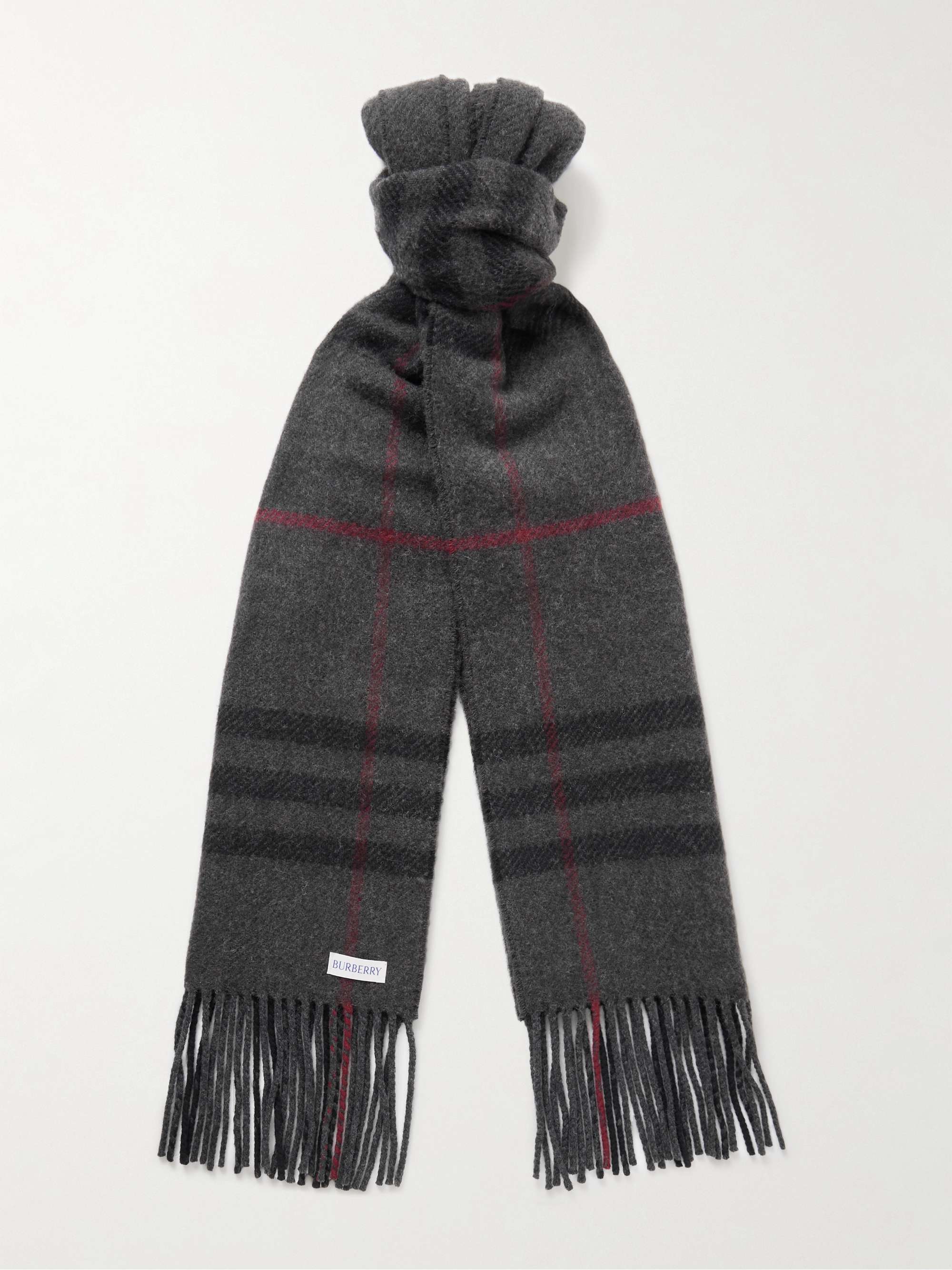 BURBERRY Fringed Checked Wool and Cashmere-Blend Scarf,Gray