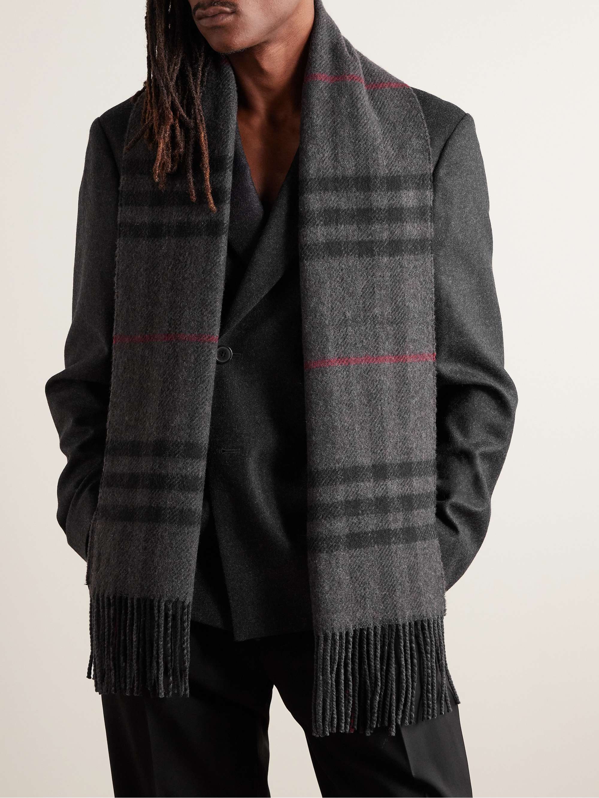 Burberry Vintage Check Fringed Cashmere Scarf in Black