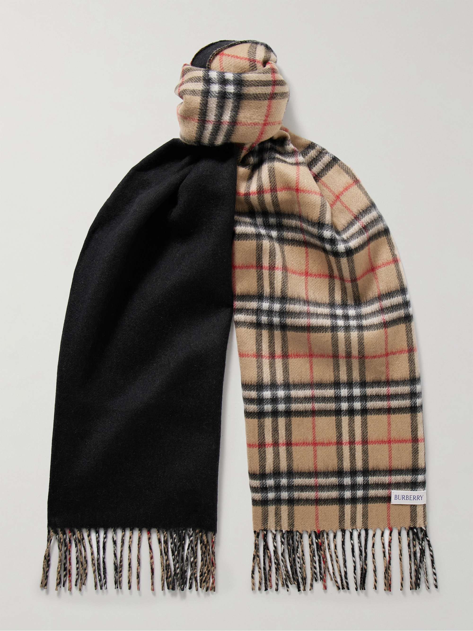 BURBERRY Reversible Fringed Checked Cashmere Scarf,Black