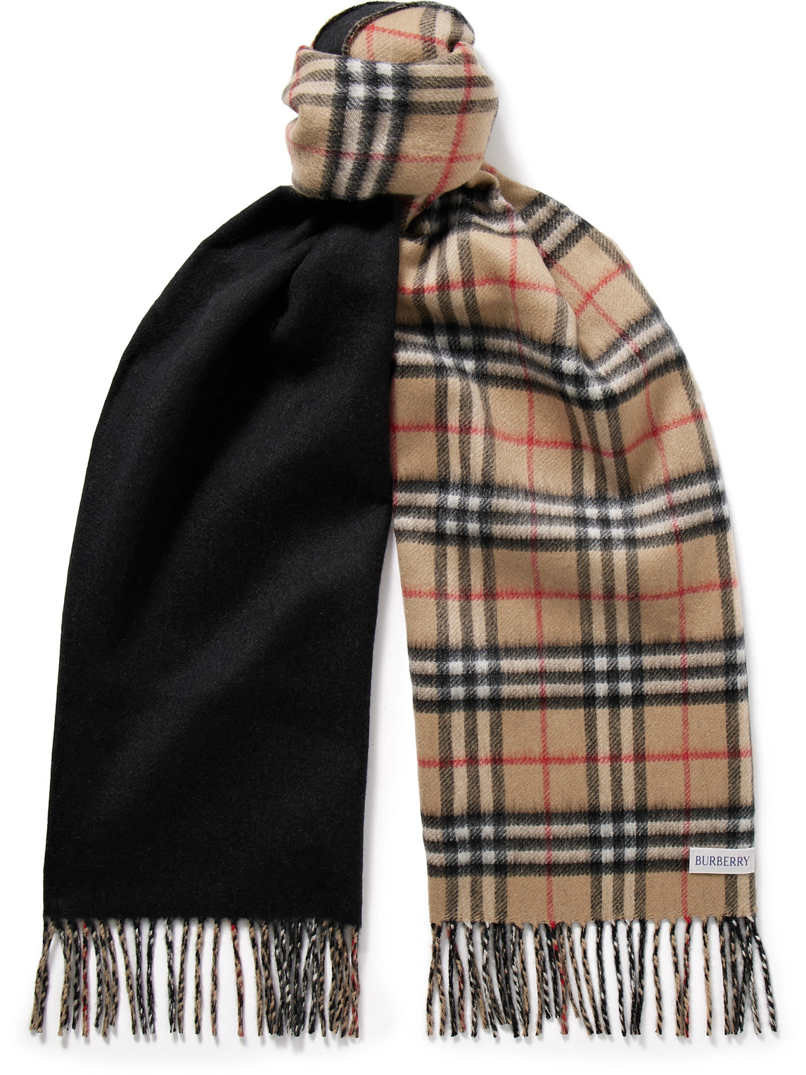 Burberry Reversible Fringed Checked Cashmere Scarf In Black