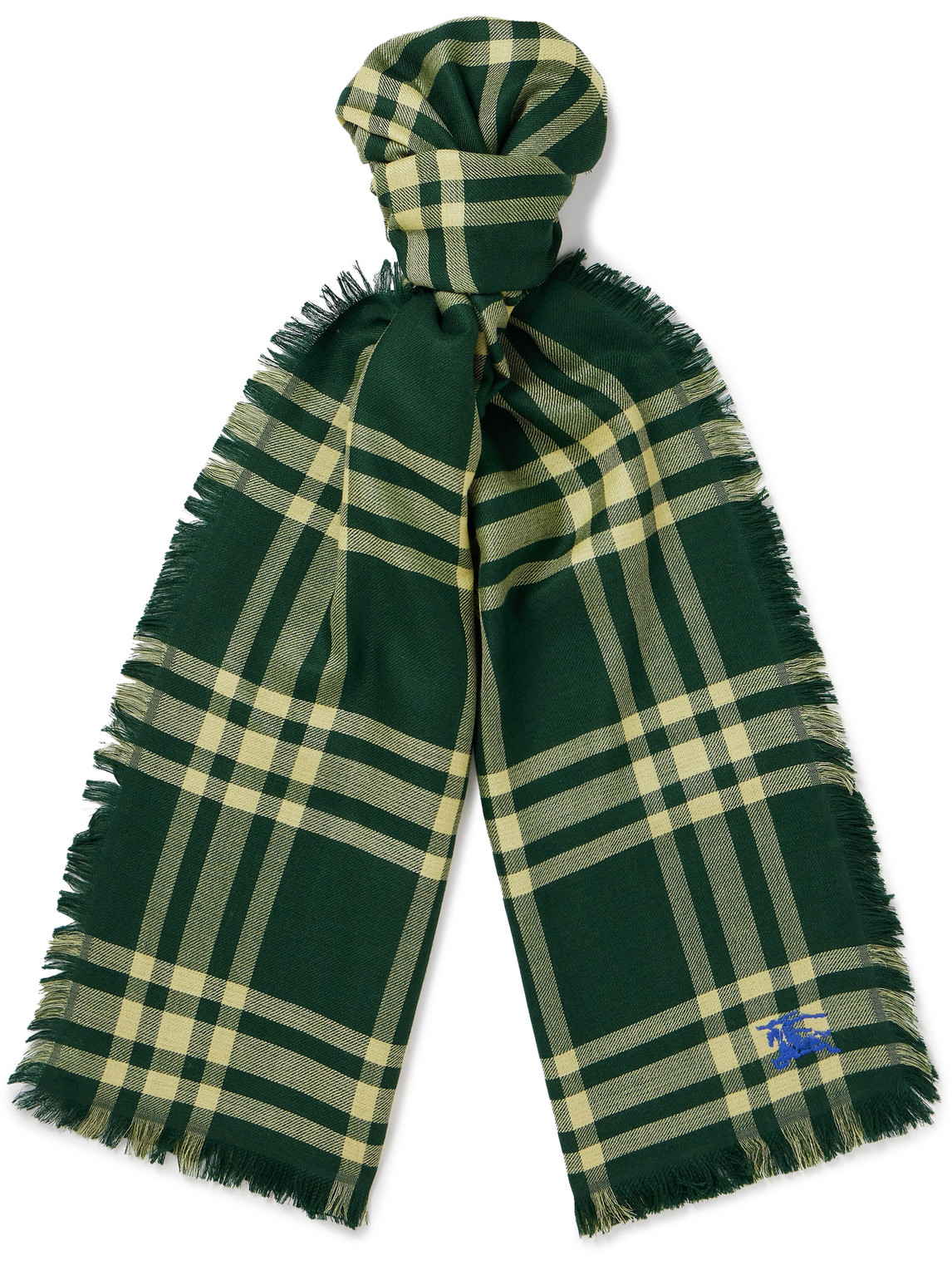 Burberry Fringed Logo-embroidered Checked Wool-blend Scarf In Green