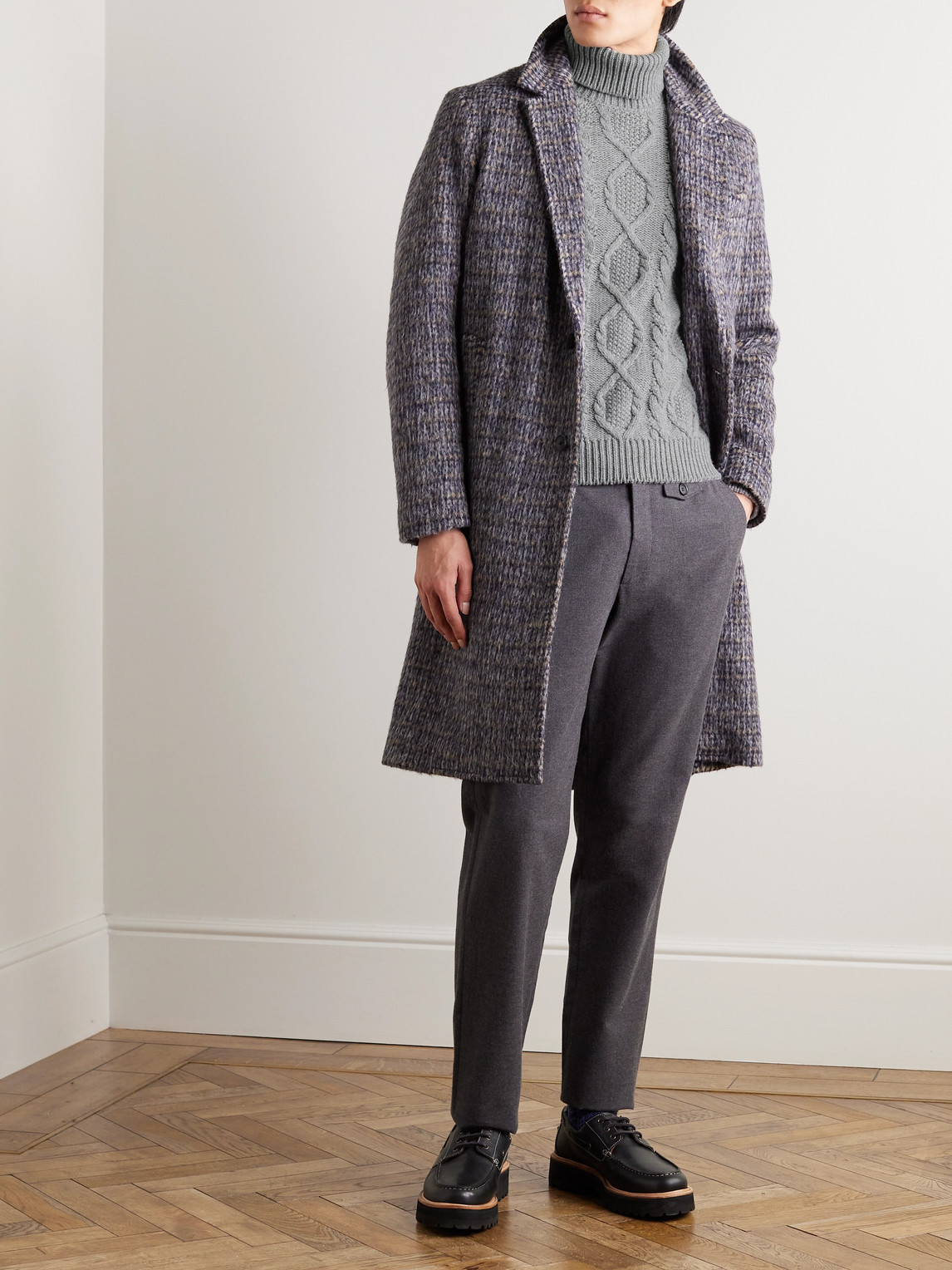 Shop Anderson & Sheppard Aran Cable-knit Wool And Cashmere-blend Rollneck Sweater In Gray