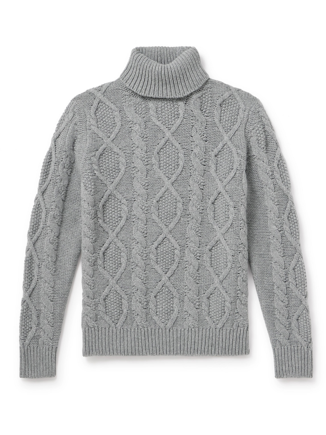 Anderson & Sheppard Aran Cable-knit Wool And Cashmere-blend Rollneck Sweater In Gray