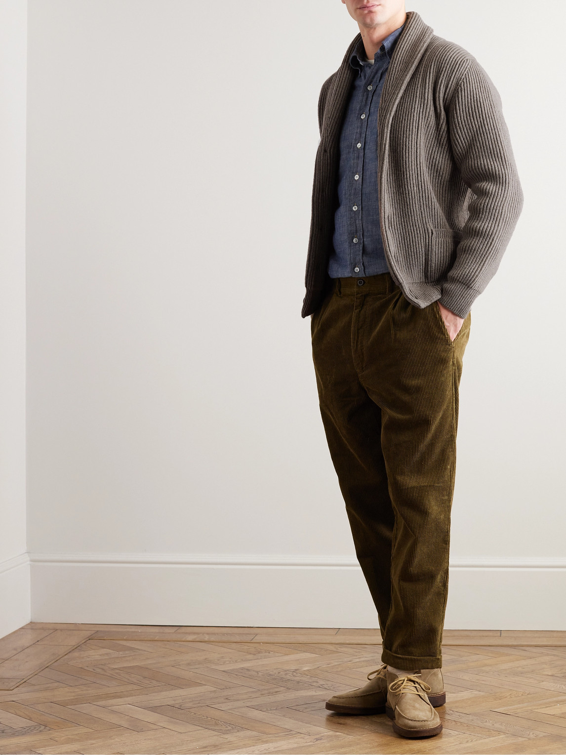 Anderson Sheppard Shawl Collar Ribbed Wool and Cashmere Blend Cardigan Smart Closet