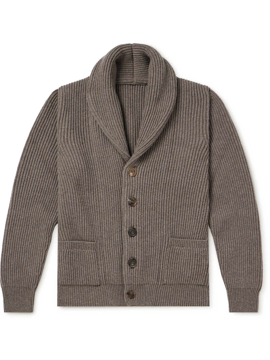 Anderson & Sheppard Shawl-collar Ribbed Wool And Cashmere-blend Cardigan In Neutrals