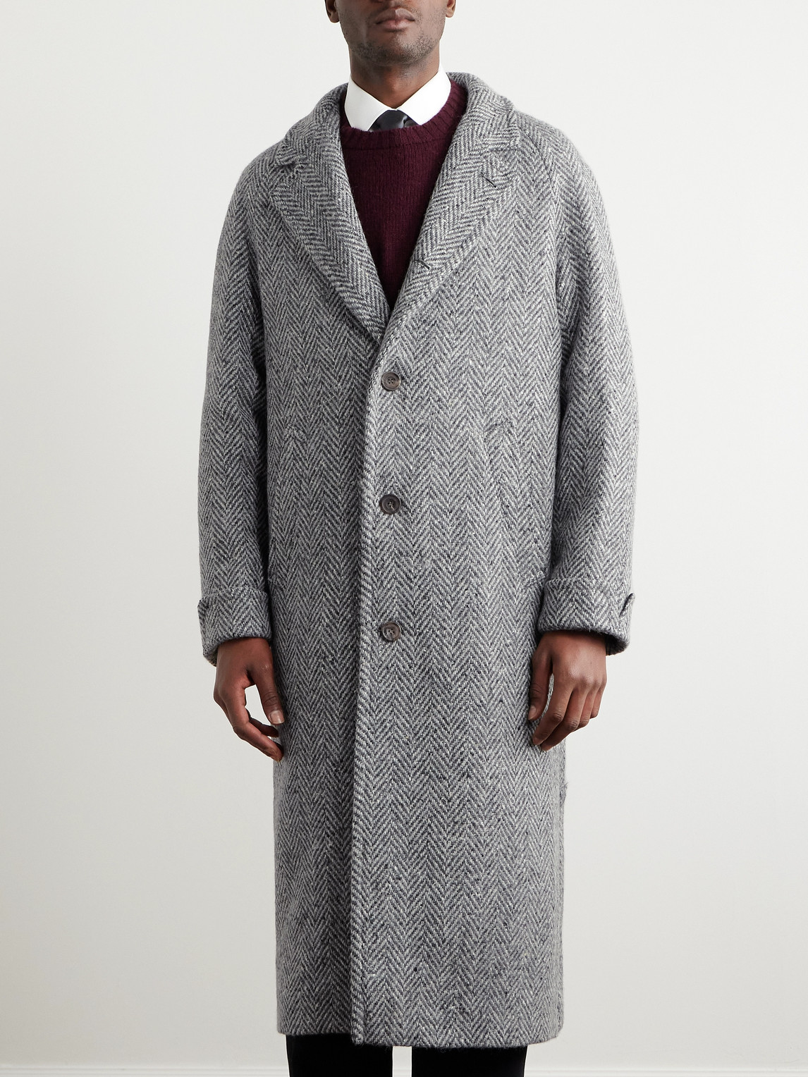 Shop Anderson & Sheppard Herringbone Wool Coat In Gray