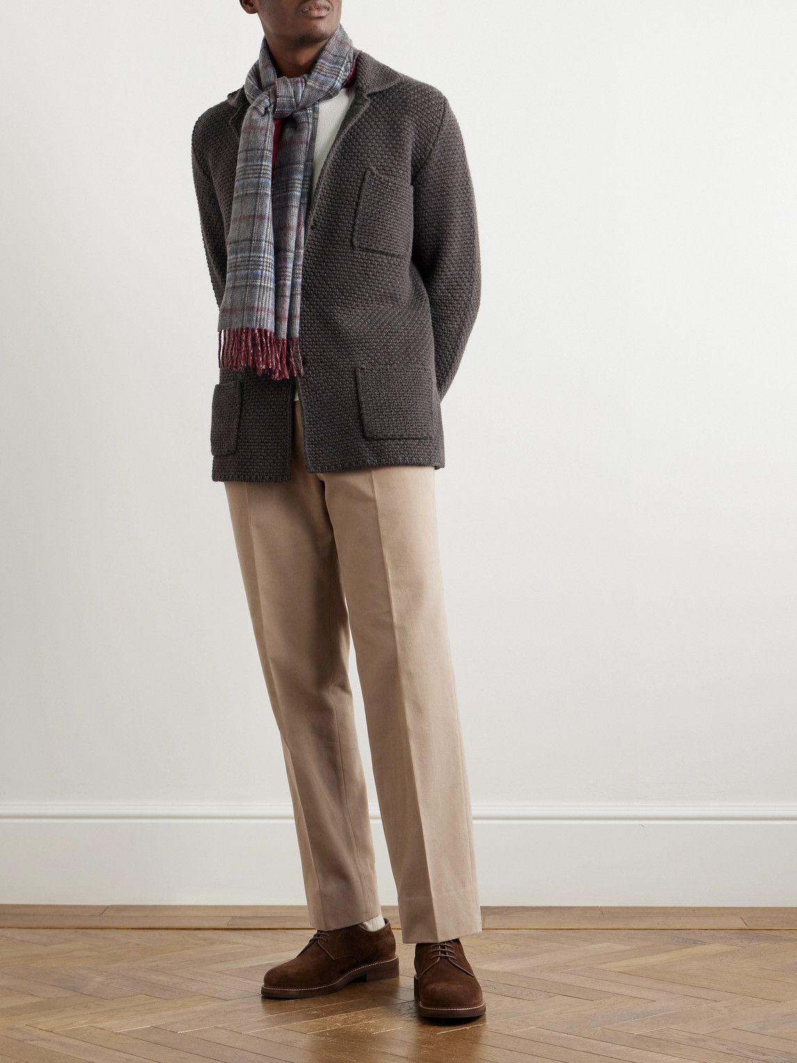 Shop Anderson & Sheppard Slim-fit Textured Wool And Cashmere-blend Cardigan In Brown