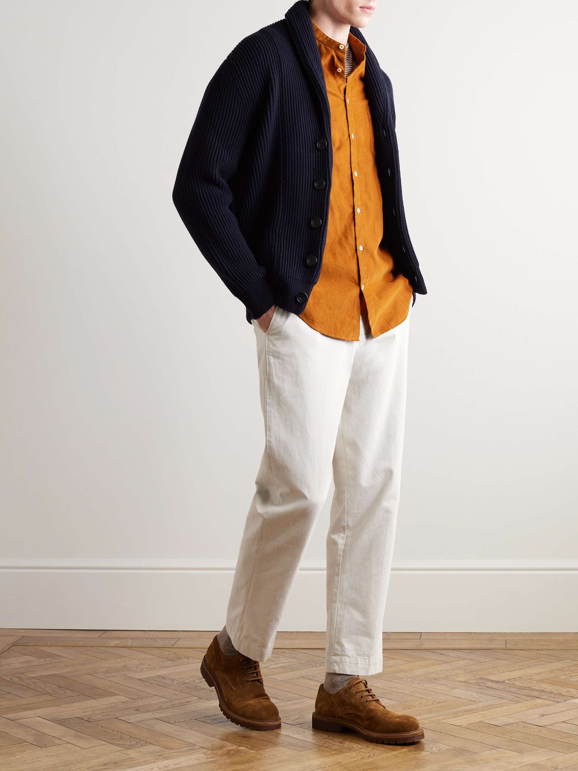 ANDERSON & SHEPPARD Cardigan in misto lana e cashmere a coste con collo a scialle