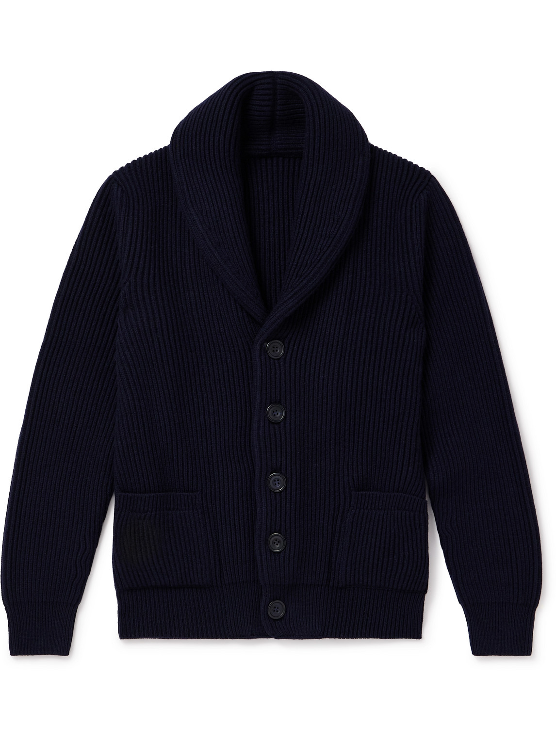 Anderson & Sheppard Shawl-collar Ribbed Wool And Cashmere-blend Cardigan In Blue