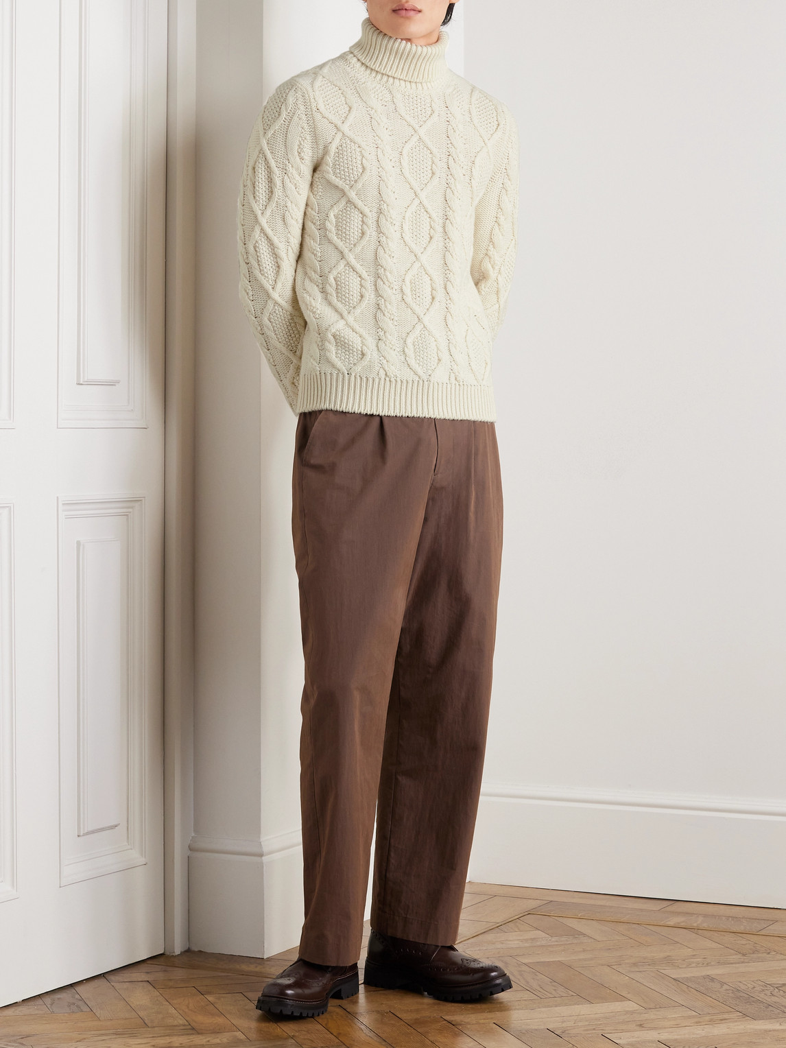 Shop Anderson & Sheppard Aran Cable-knit Wool And Cashmere-blend Rollneck Sweater In Neutrals