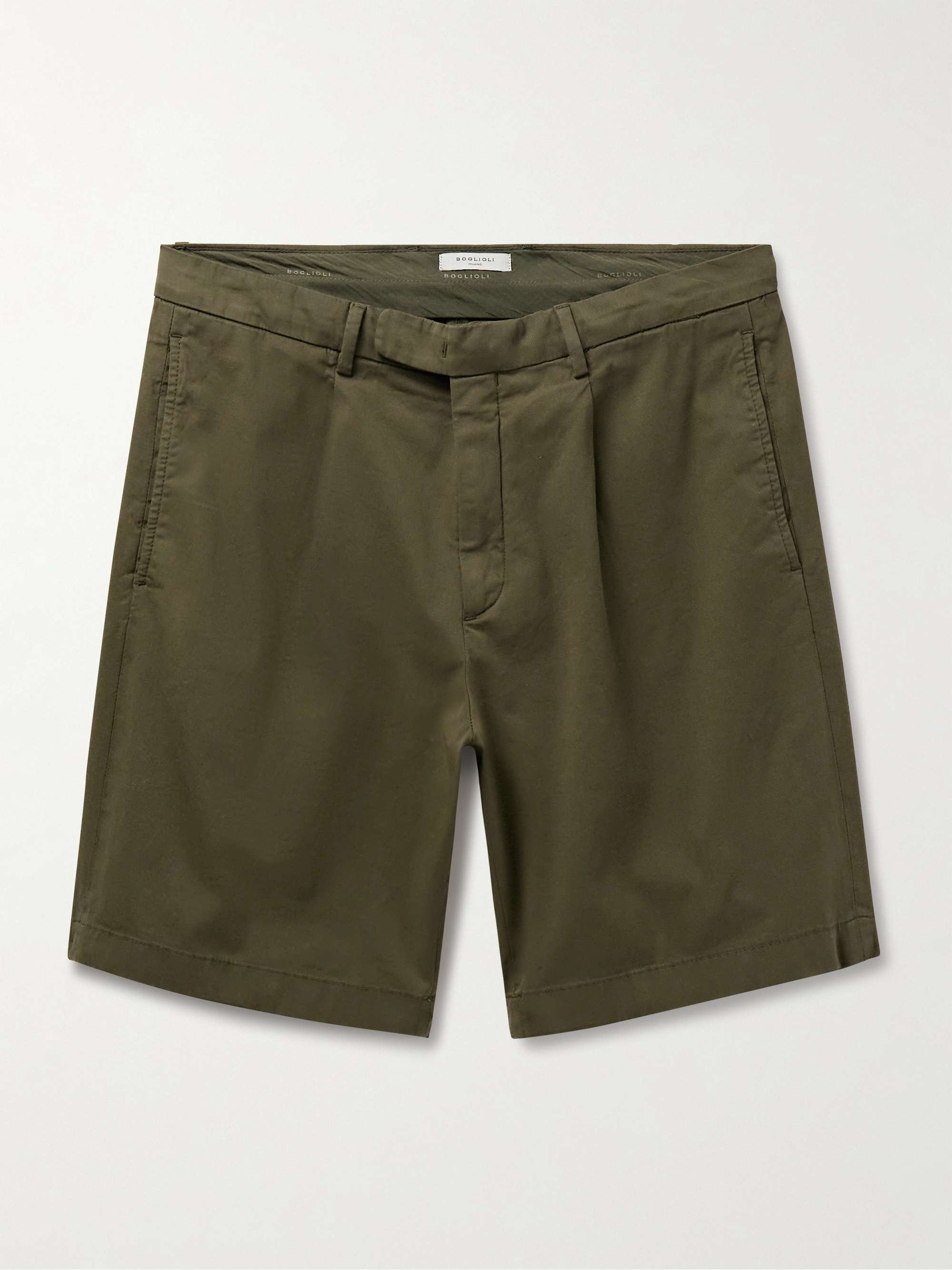Straight Leg Pleated Cotton Blend Twill Bermuda Shorts