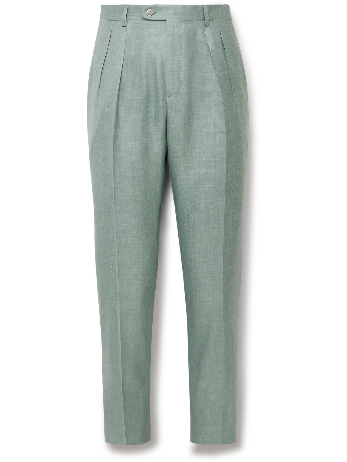 Brioni Ischia Slim-fit Pleated Silk, Cashmere And Linen-blend Suit Trousers In Green