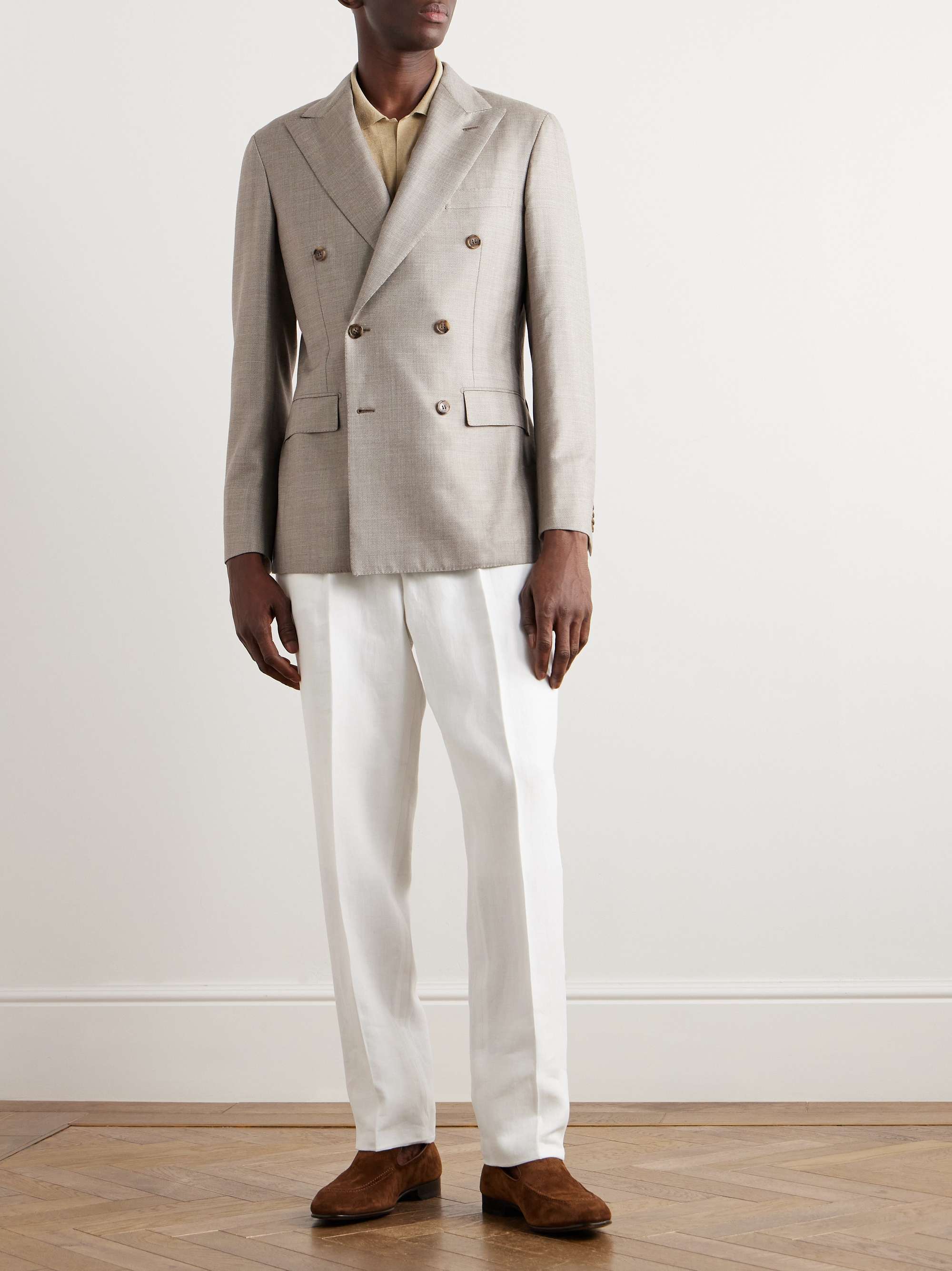 Double Breasted Wool and Silk Blend Twill Suit Jacket