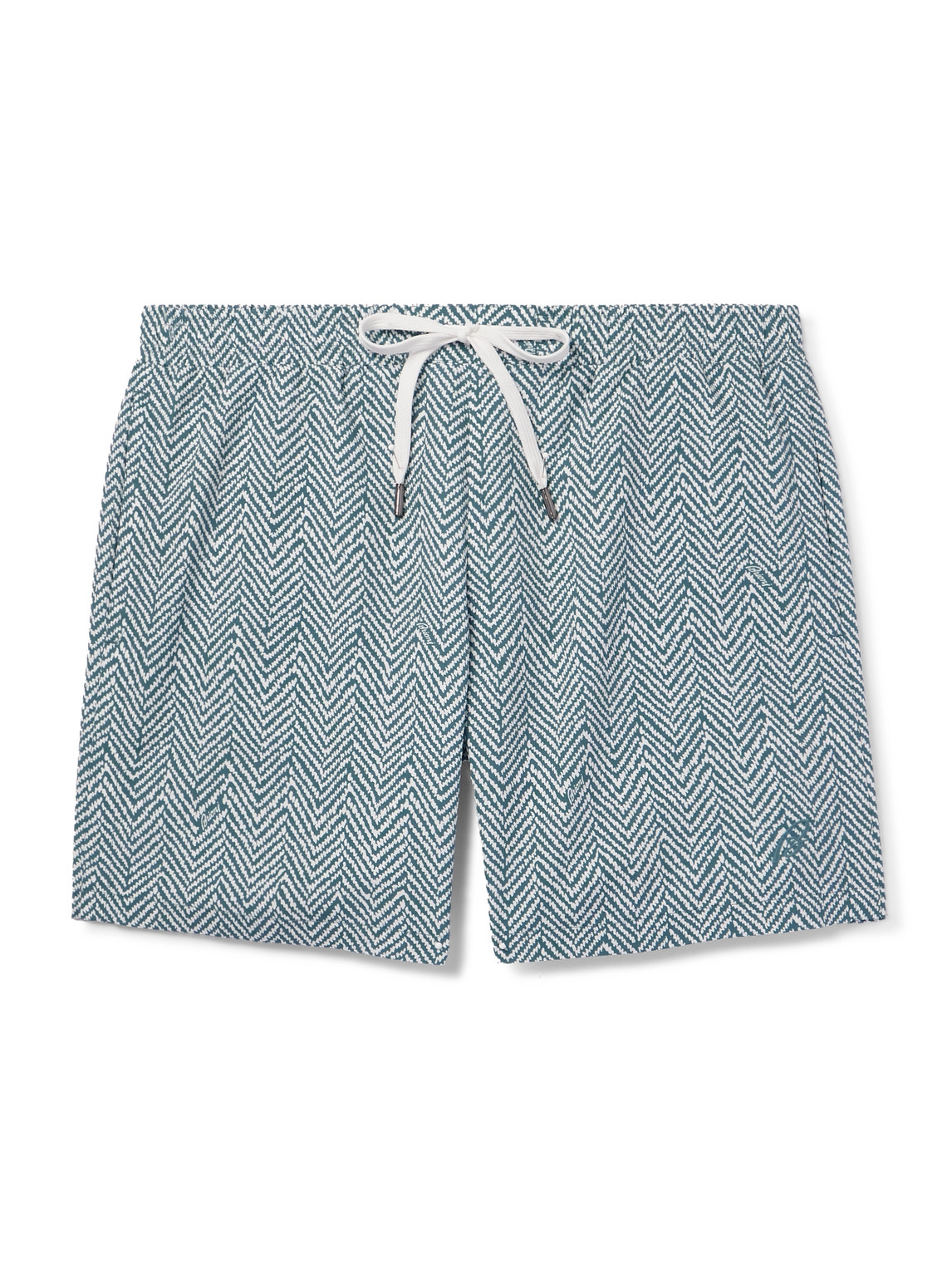 Brioni Straight-leg Mid-length Logo-embroidered Printed Swim Shorts In Blue