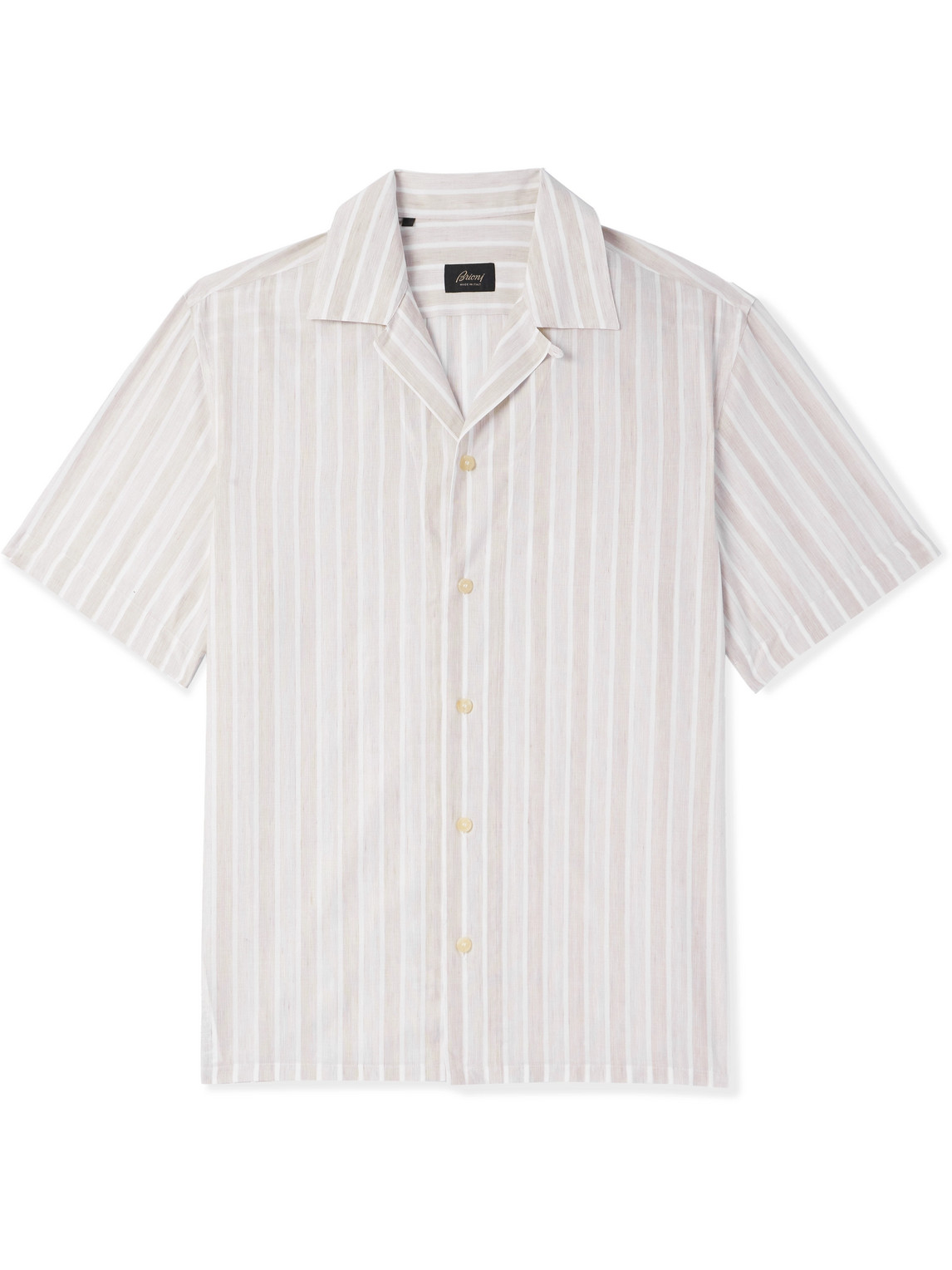 Brioni Convertible-collar Striped Cotton And Linen-blend Shirt In Neutrals