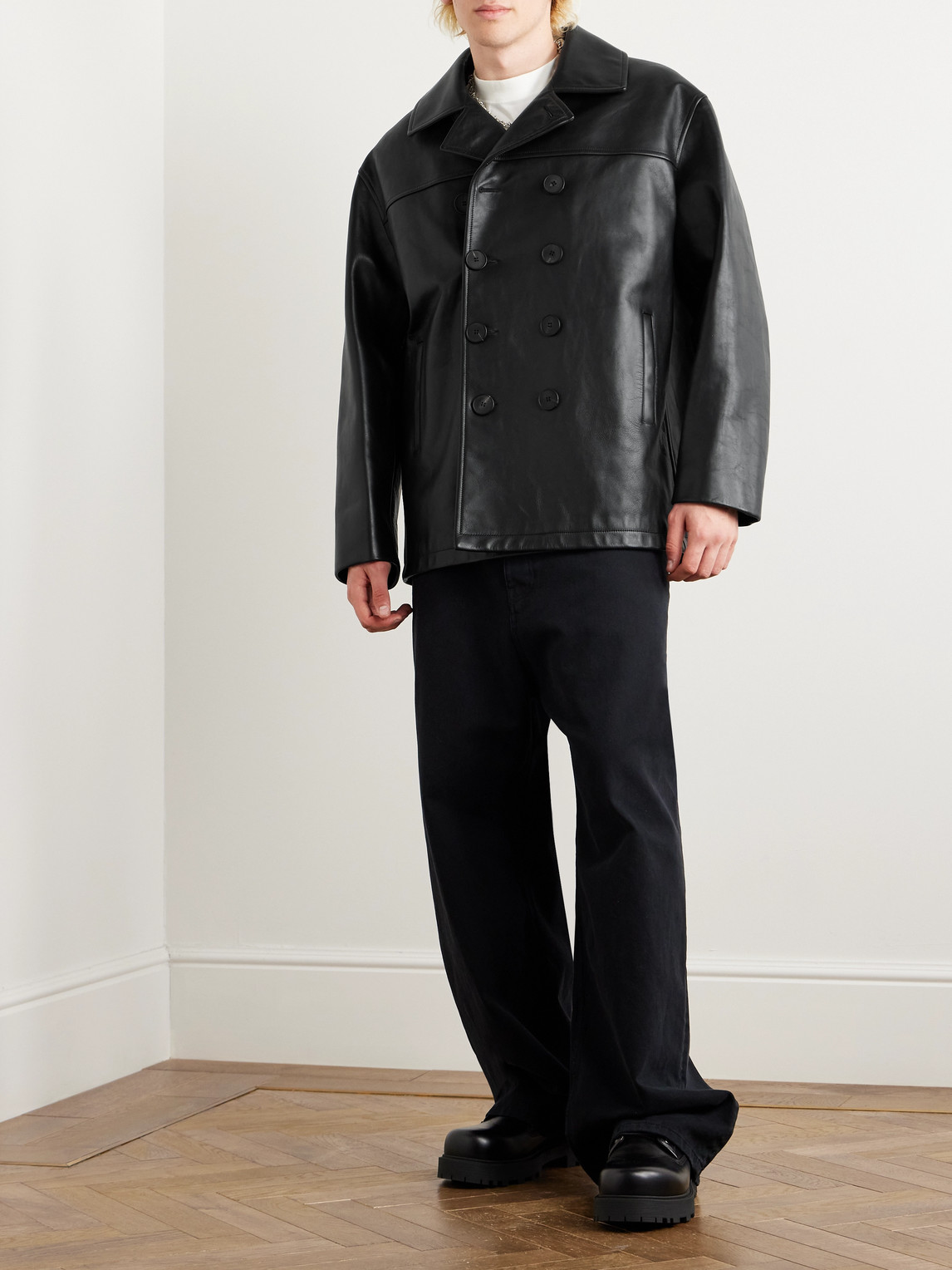 Shop Givenchy Leather Peacoat In Black