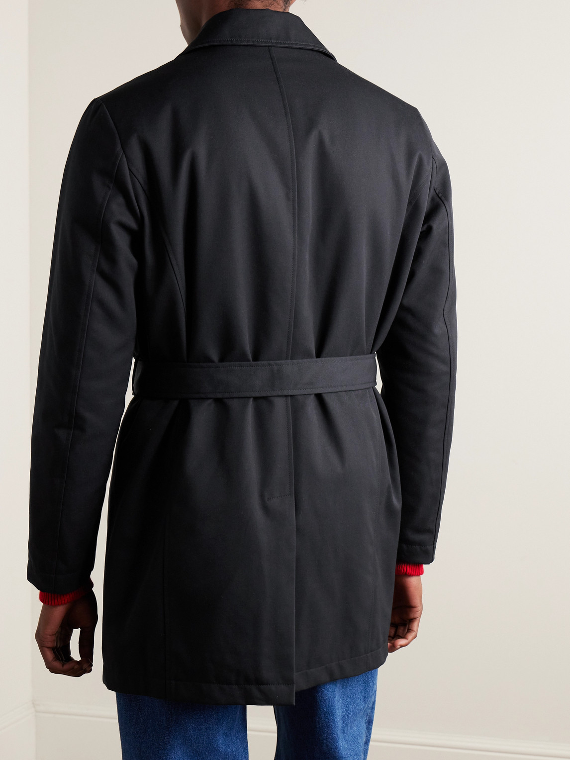 Shop Canali Leather-trimmed Belted Padded Twill Trench Coat In Blue
