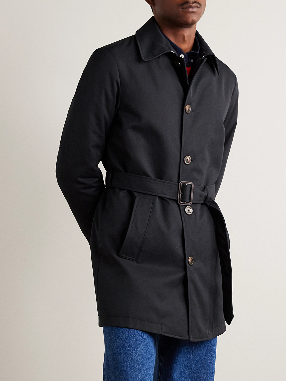 Shop Canali Leather-trimmed Belted Padded Twill Trench Coat In Blue