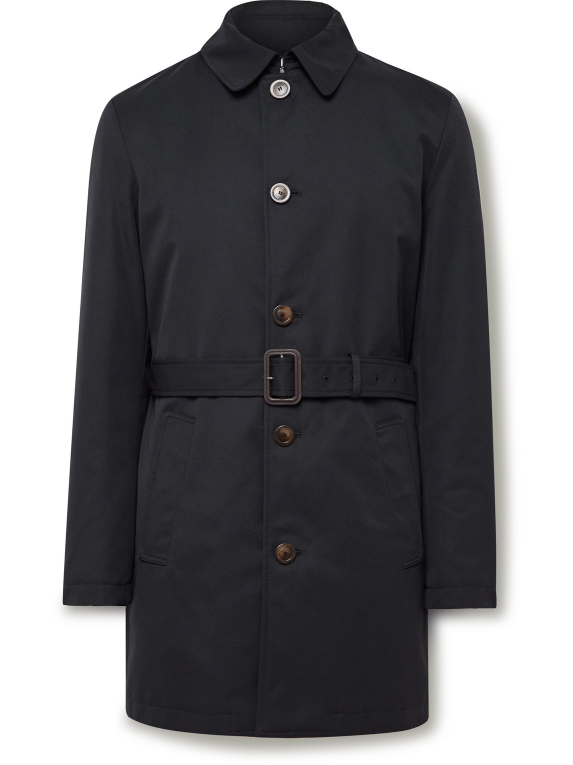 Canali Leather-trimmed Belted Padded Twill Trench Coat In Blue