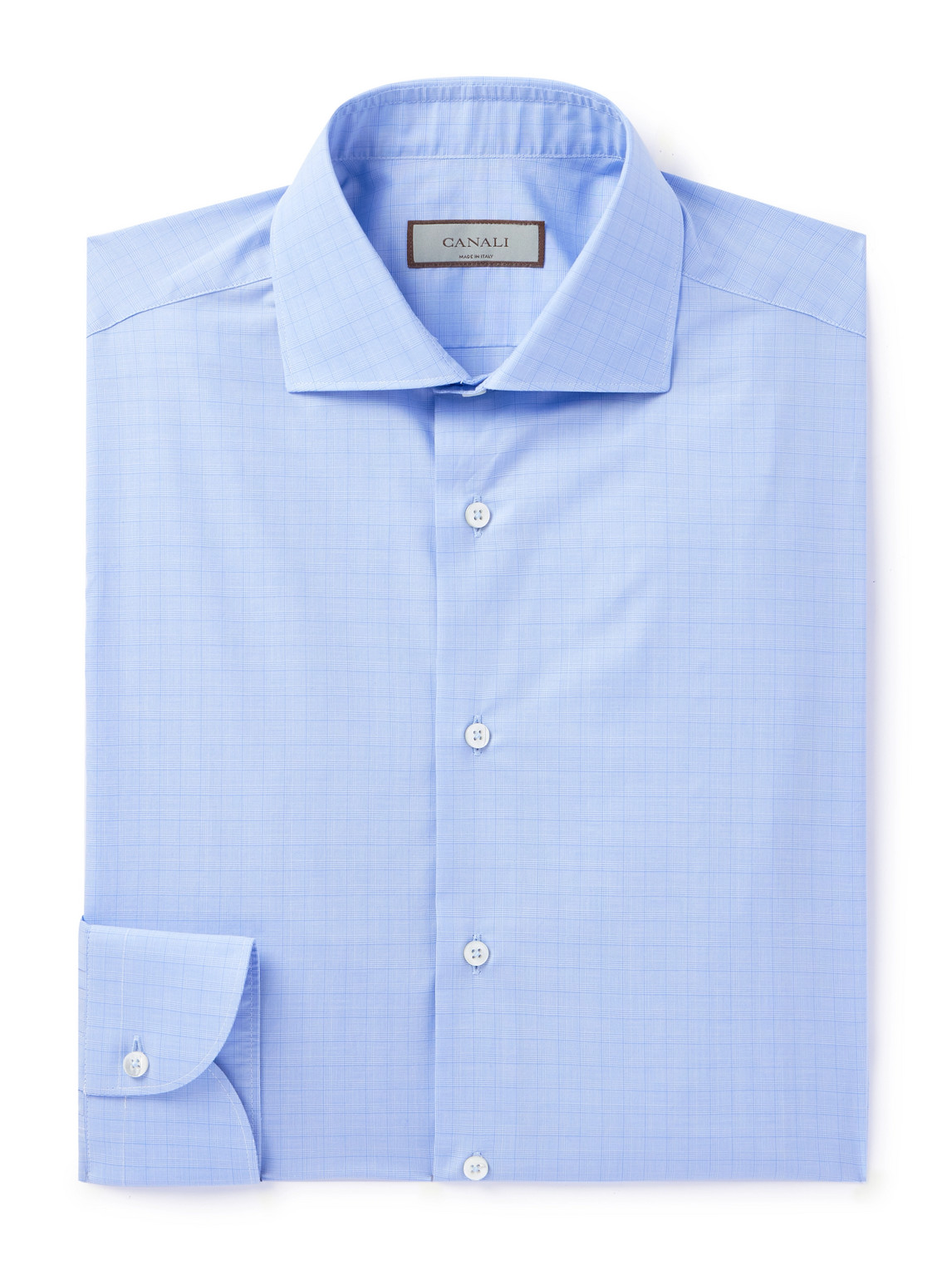Canali Cutaway-collar Checked Cotton-poplin Shirt In Blue