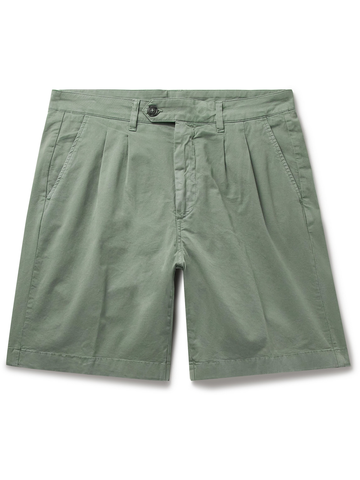 Canali Straight-leg Pleated Cotton-blend Twill Bermuda Shorts In Green