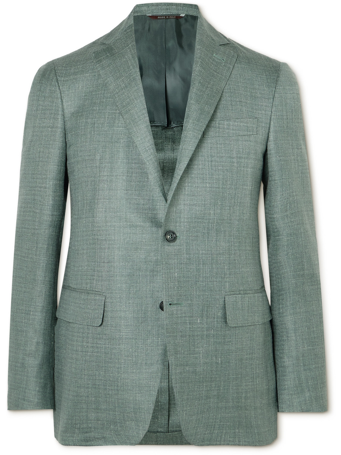 Canali Kei Herringbone Wool, Silk And Linen-blend Blazer In Green