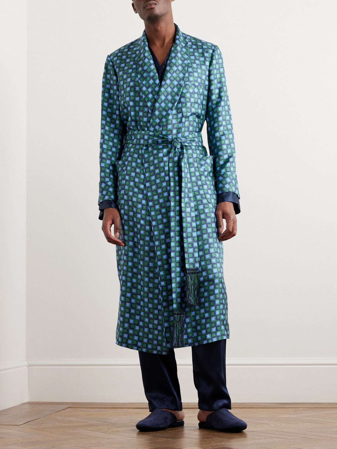 Shop Charvet Belted Printed Silk-twill Robe In Blue