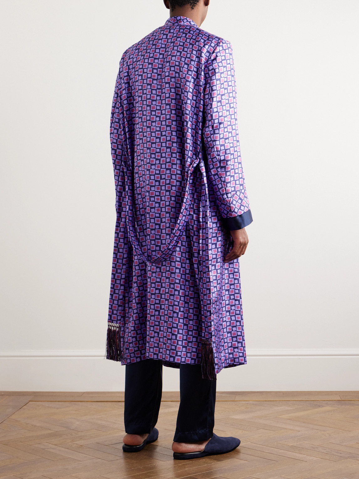 Shop Charvet Belted Printed Silk-twill Robe In Purple