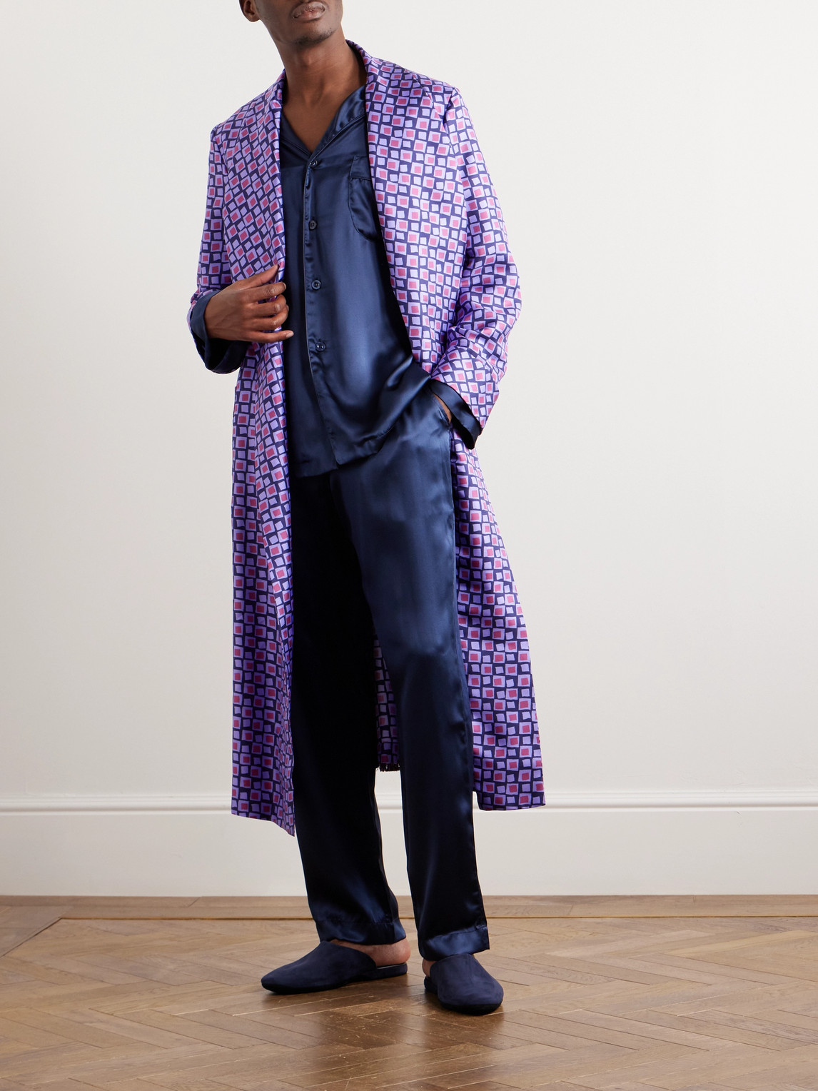 Shop Charvet Belted Printed Silk-twill Robe In Purple