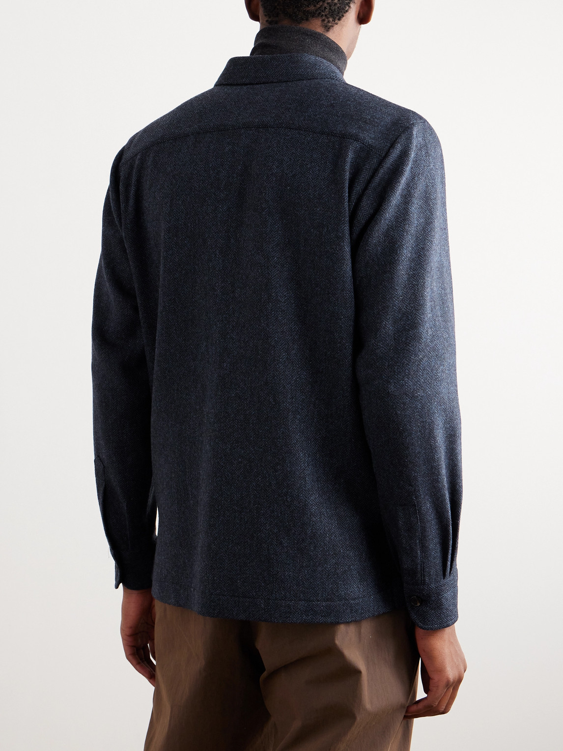 Shop De Petrillo Herringbone Wool And Cashmere-blend Overshirt In Blue