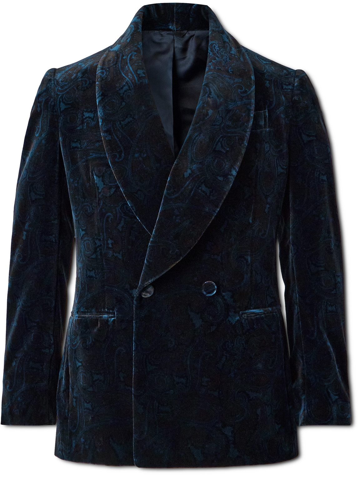 De Petrillo Positano Shawl Collar Double-breasted Paisley Cotton-velvet Tuxedo Jacket In Blue
