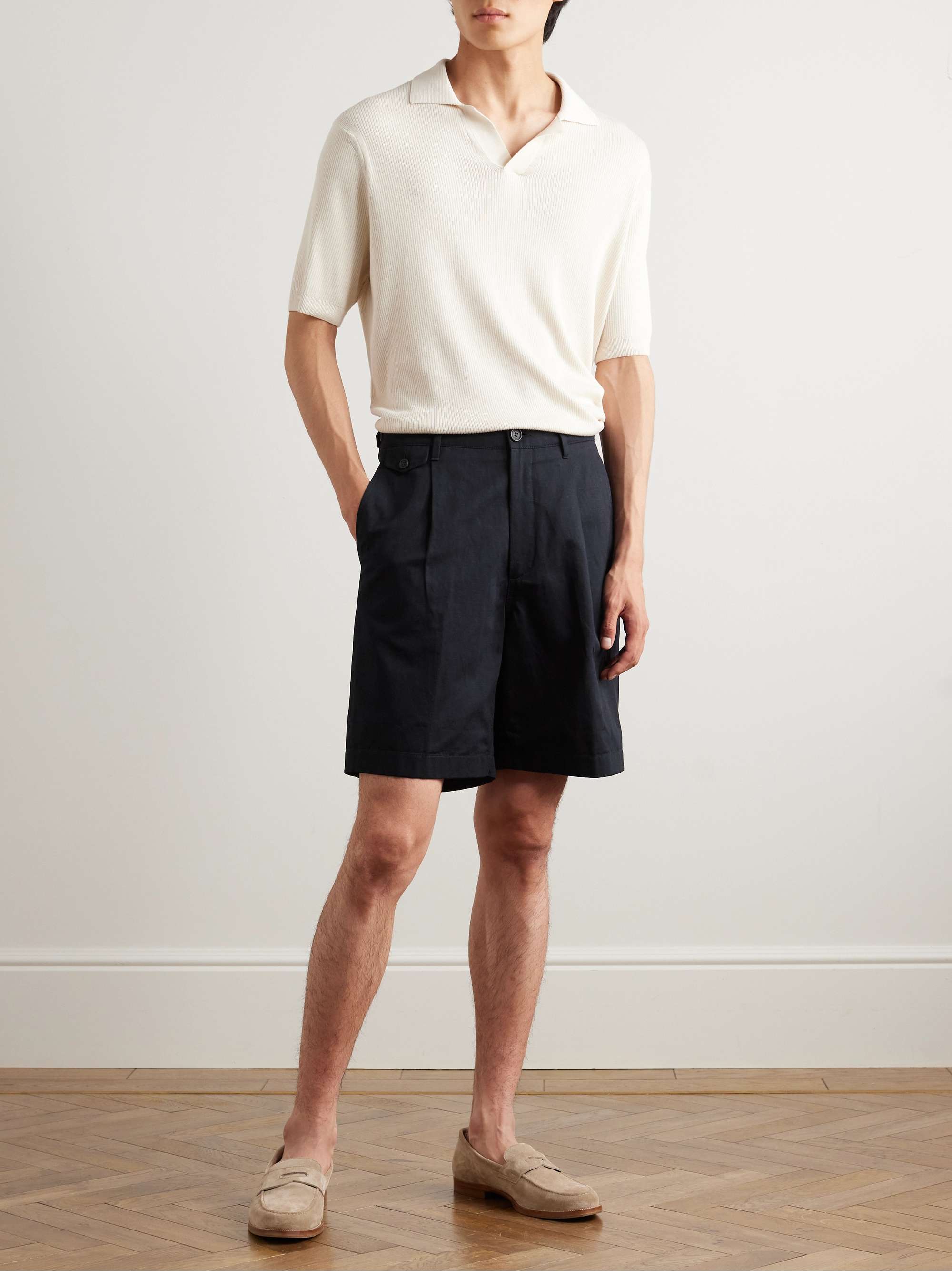 DUNHILL Straight-Leg Pleated Cotton and Linen-Blend Twill Bermuda Shorts  for Men | MR PORTER