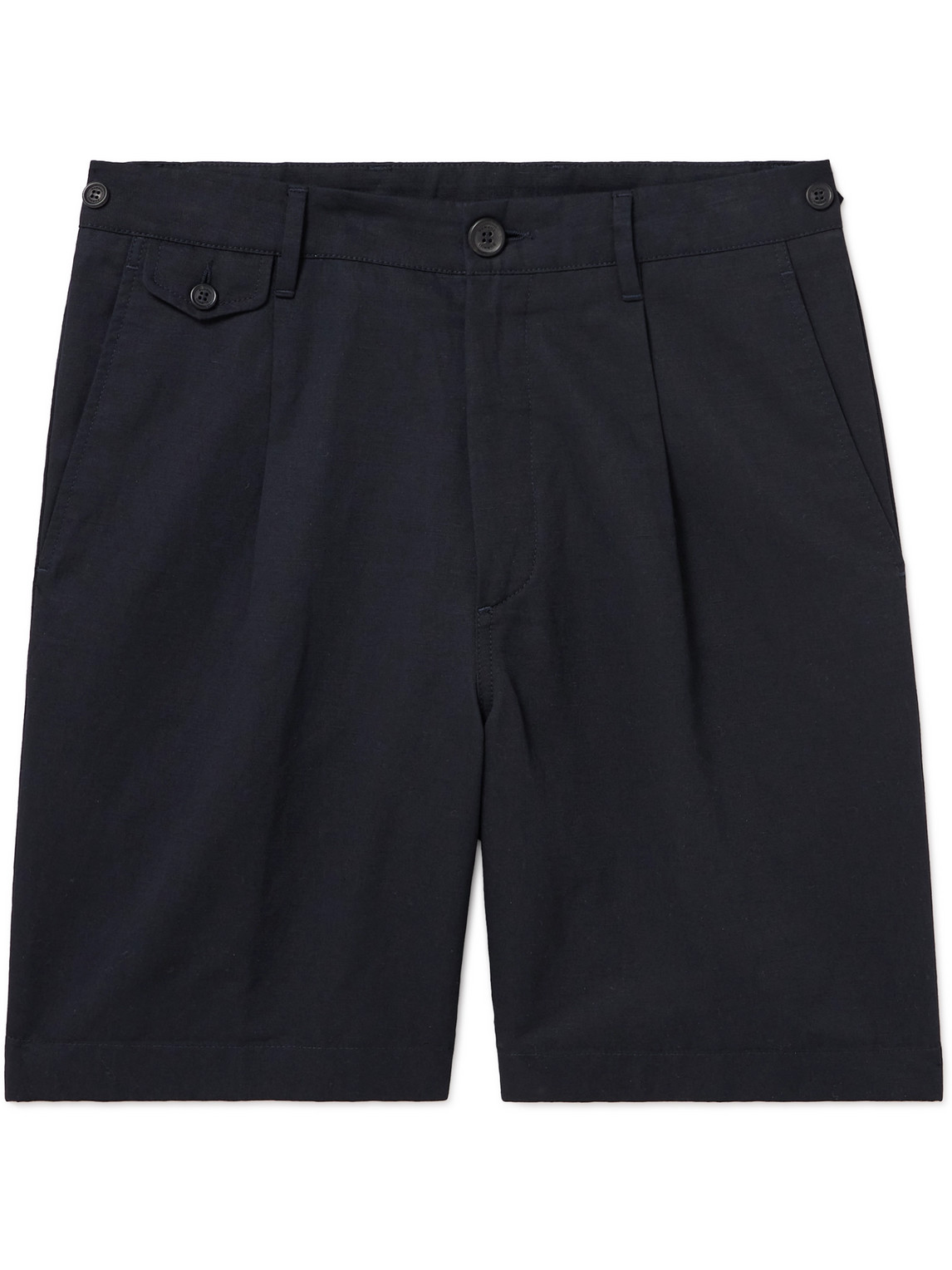 Shop Dunhill Straight-leg Pleated Cotton And Linen-blend Twill Bermuda Shorts In Blue