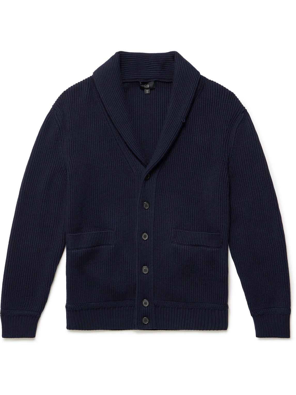 Dunhill Shawl-collar Suede-trimmed Ribbed Merino Wool Cardigan In Blue