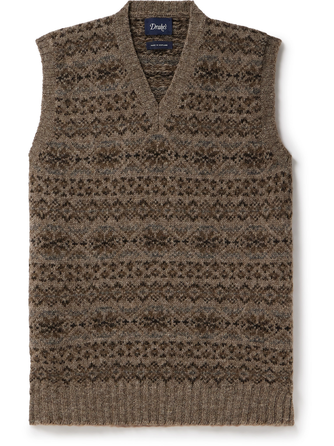 Drake's Fair Isle Wool Sweater Vest In Brown