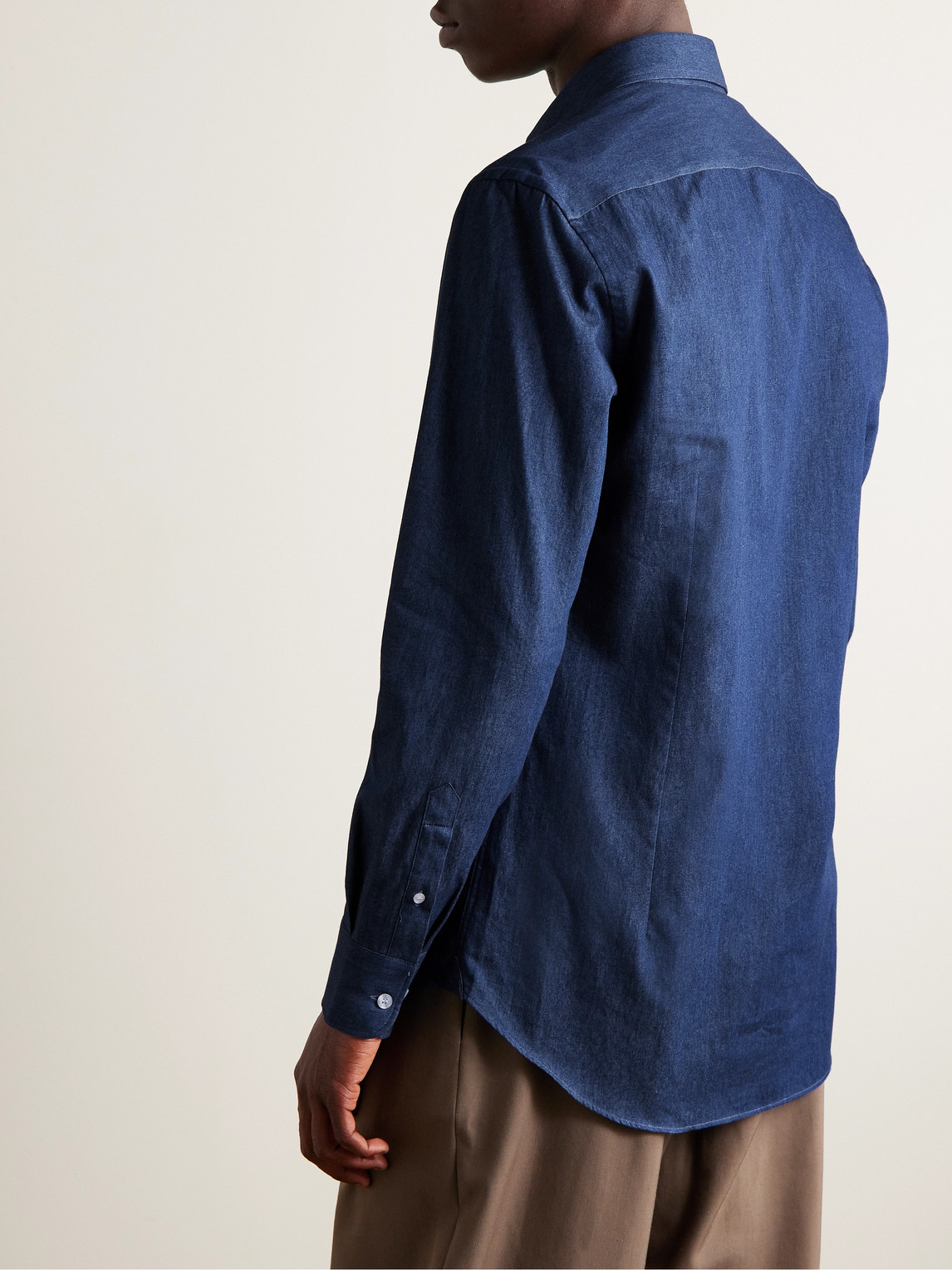 Shop Etro Button-down Collar Logo-embroidered Cotton-chambray Shirt In Blue