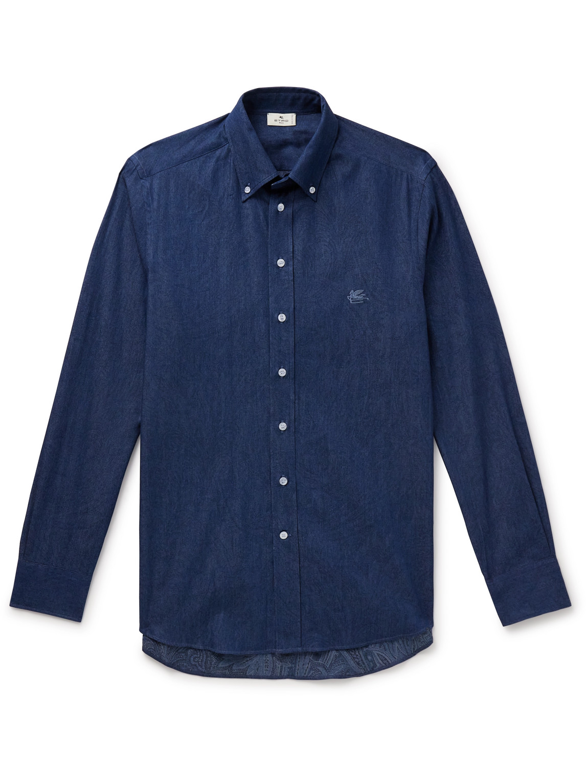 Etro Button-down Collar Logo-embroidered Cotton-chambray Shirt In Blue