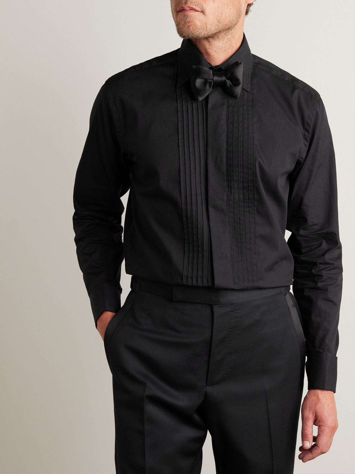 Shop Favourbrook Cutaway-collar Bib-front Double-cuff Cotton-poplin Shirt In Black