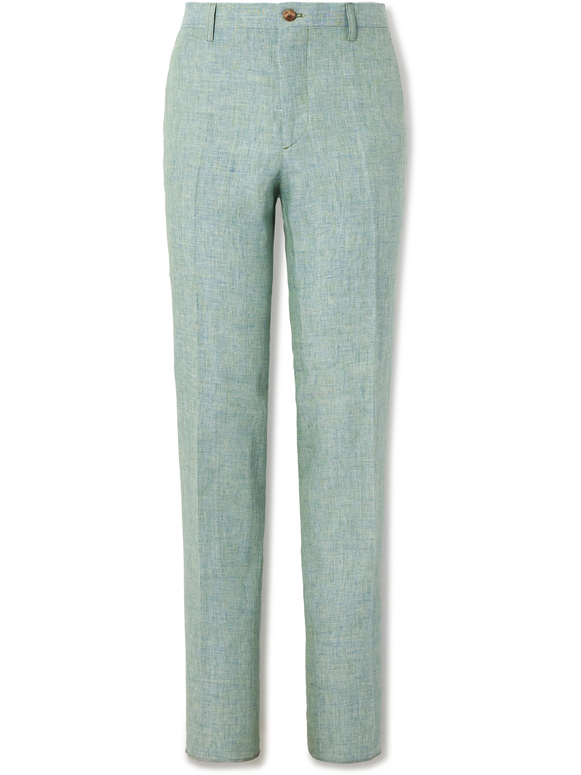 Shop Etro Slim-fit Straight-leg Linen Suit Trousers In Green