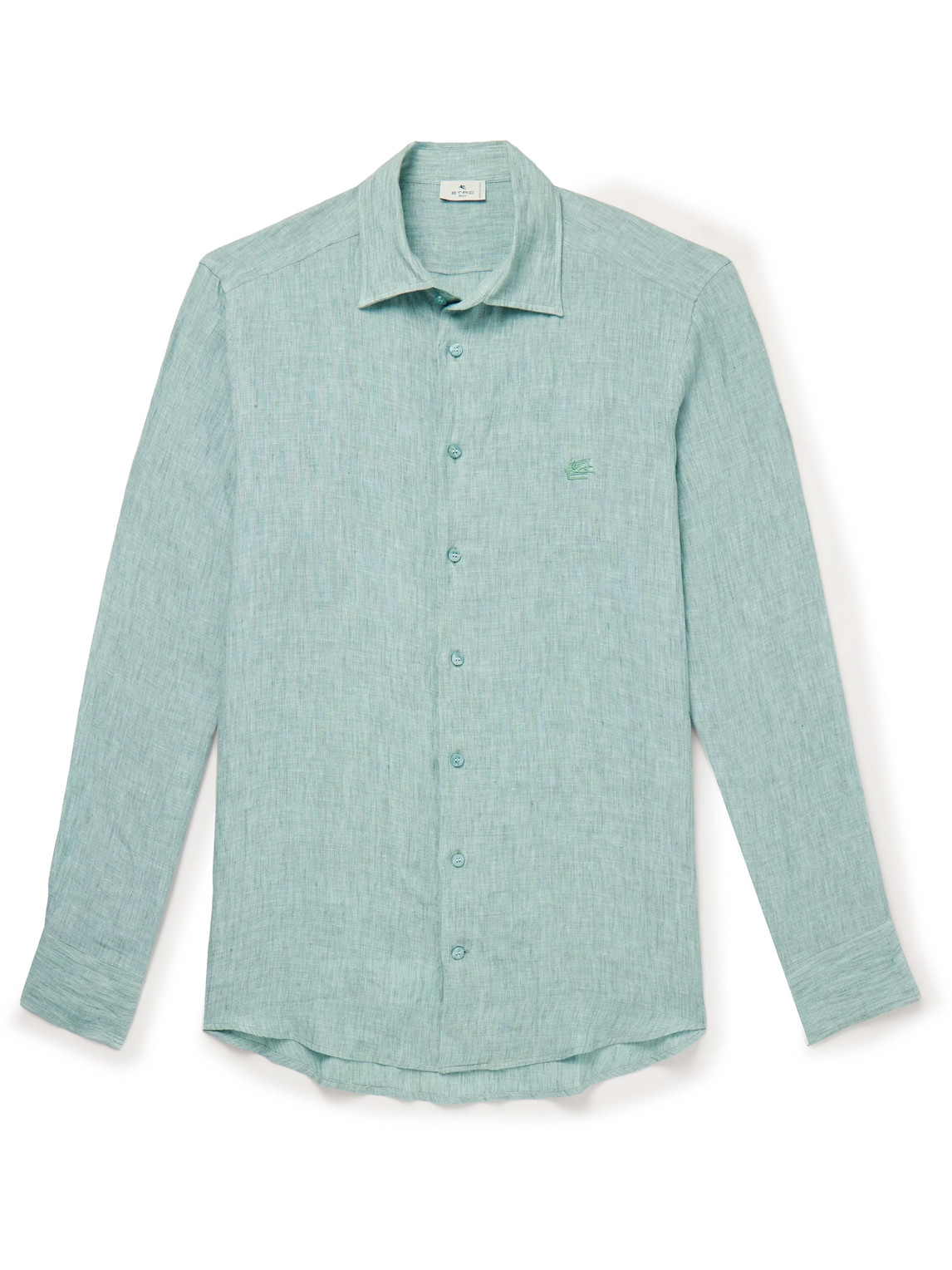 Etro Slim-fit Logo-embroidered Linen Shirt In Blue