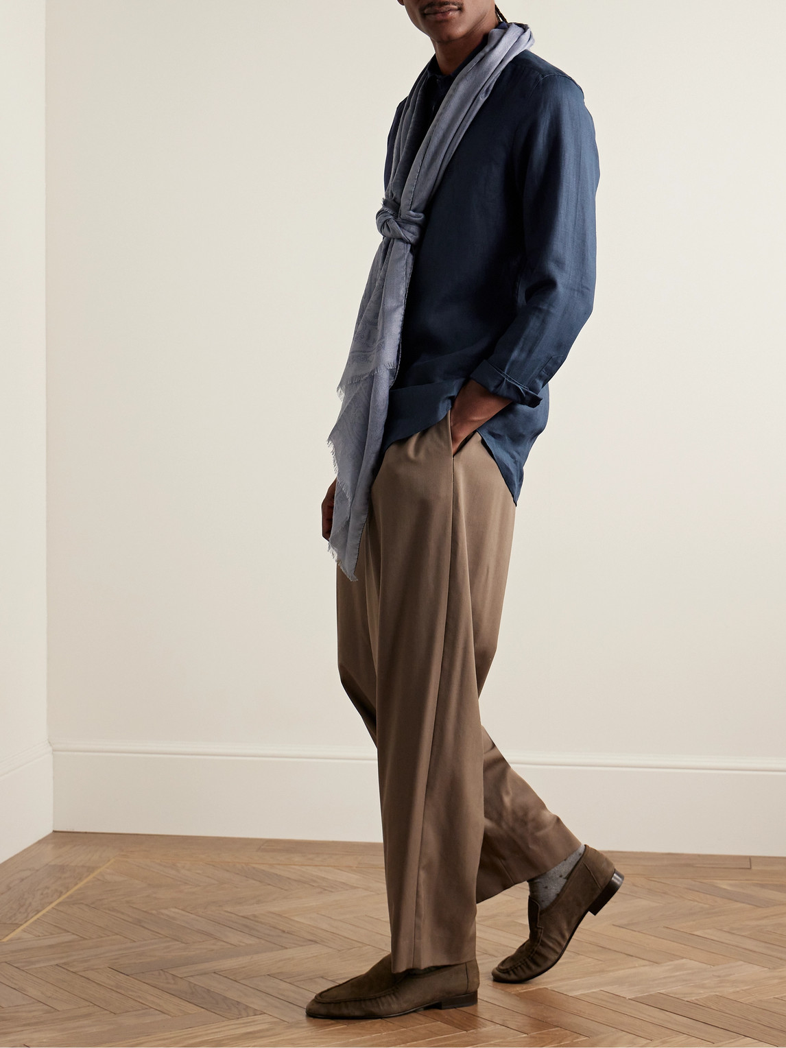 Shop Etro Slim-fit Logo-embroidered Linen Shirt In Blue