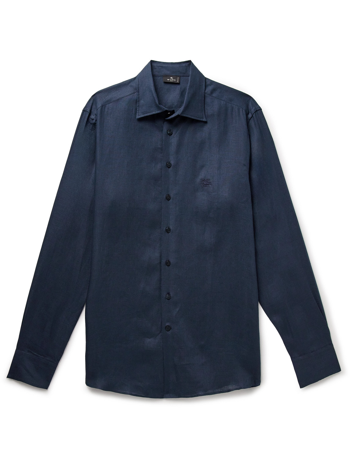 Shop Etro Slim-fit Logo-embroidered Linen Shirt In Blue