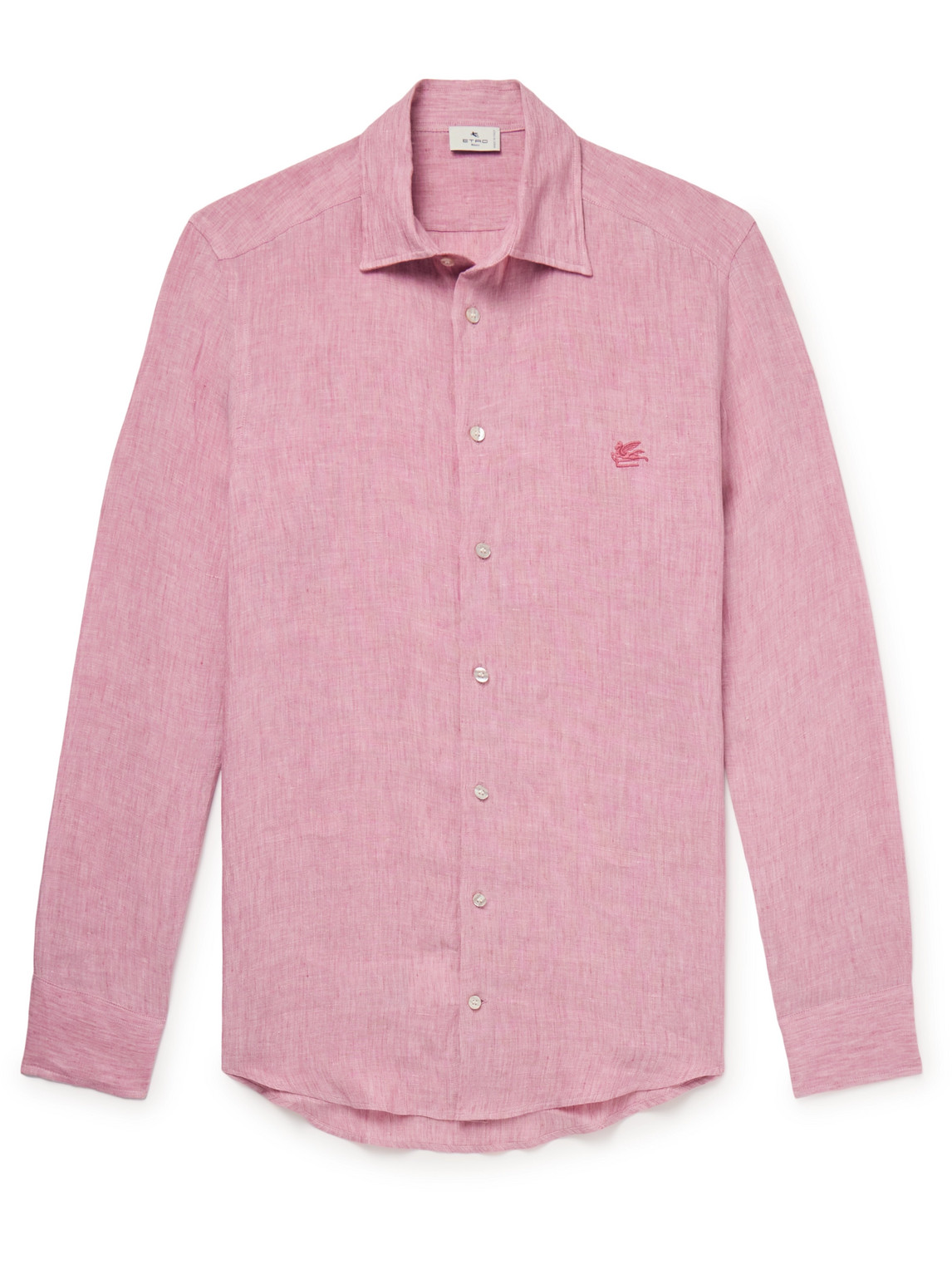Etro Slim-fit Logo-embroidered Linen Shirt In Pink