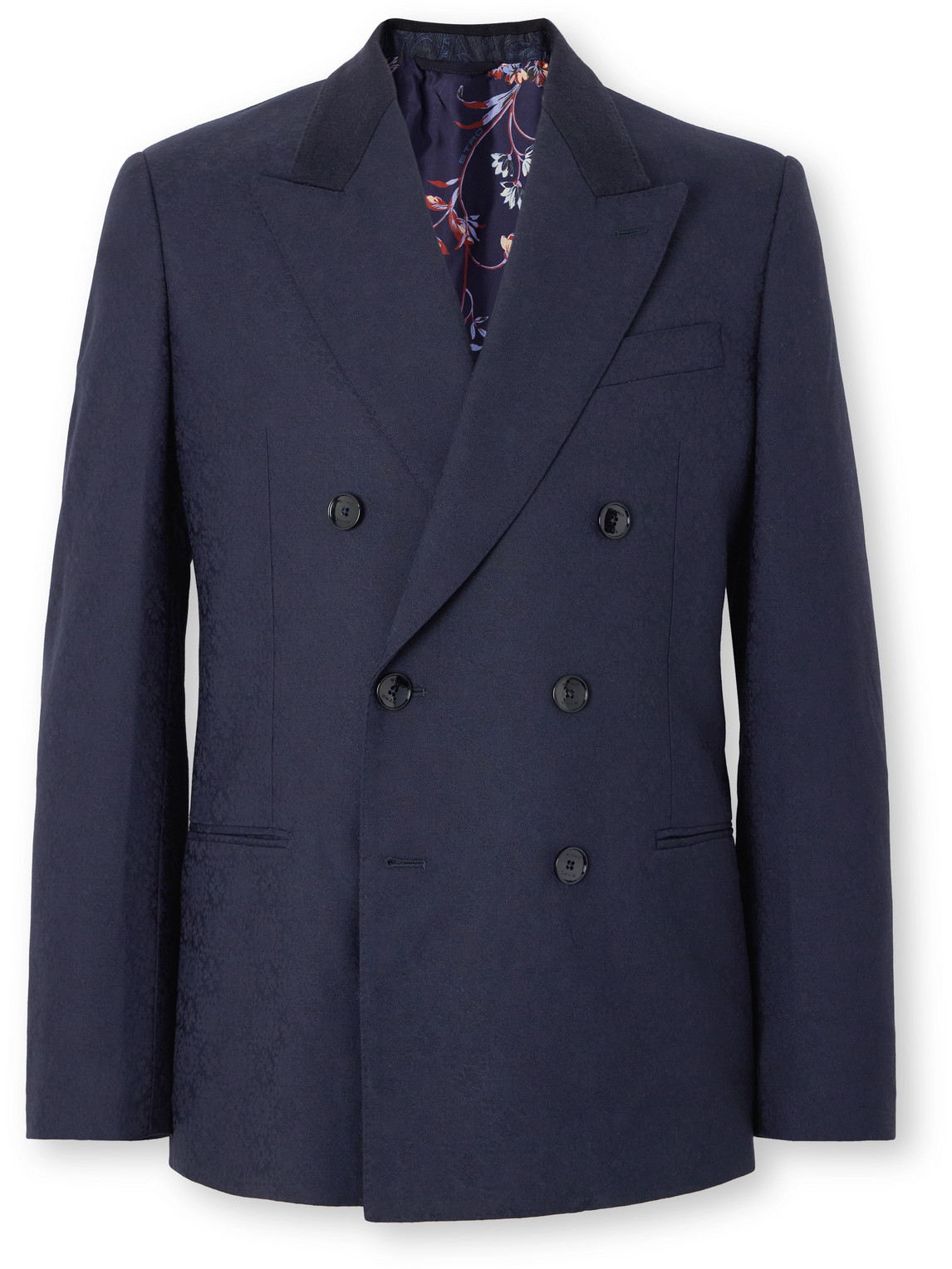 Etro Double-breasted Felt-trimmed Wool-jacquard Suit Jacket In Blue