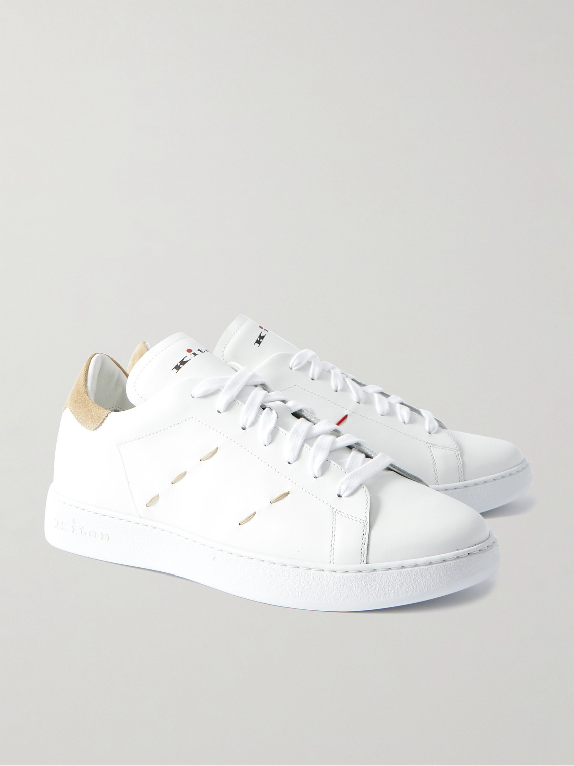 Shop Kiton Suede-trimmed Embroidered Logo-print Leather Sneakers In White