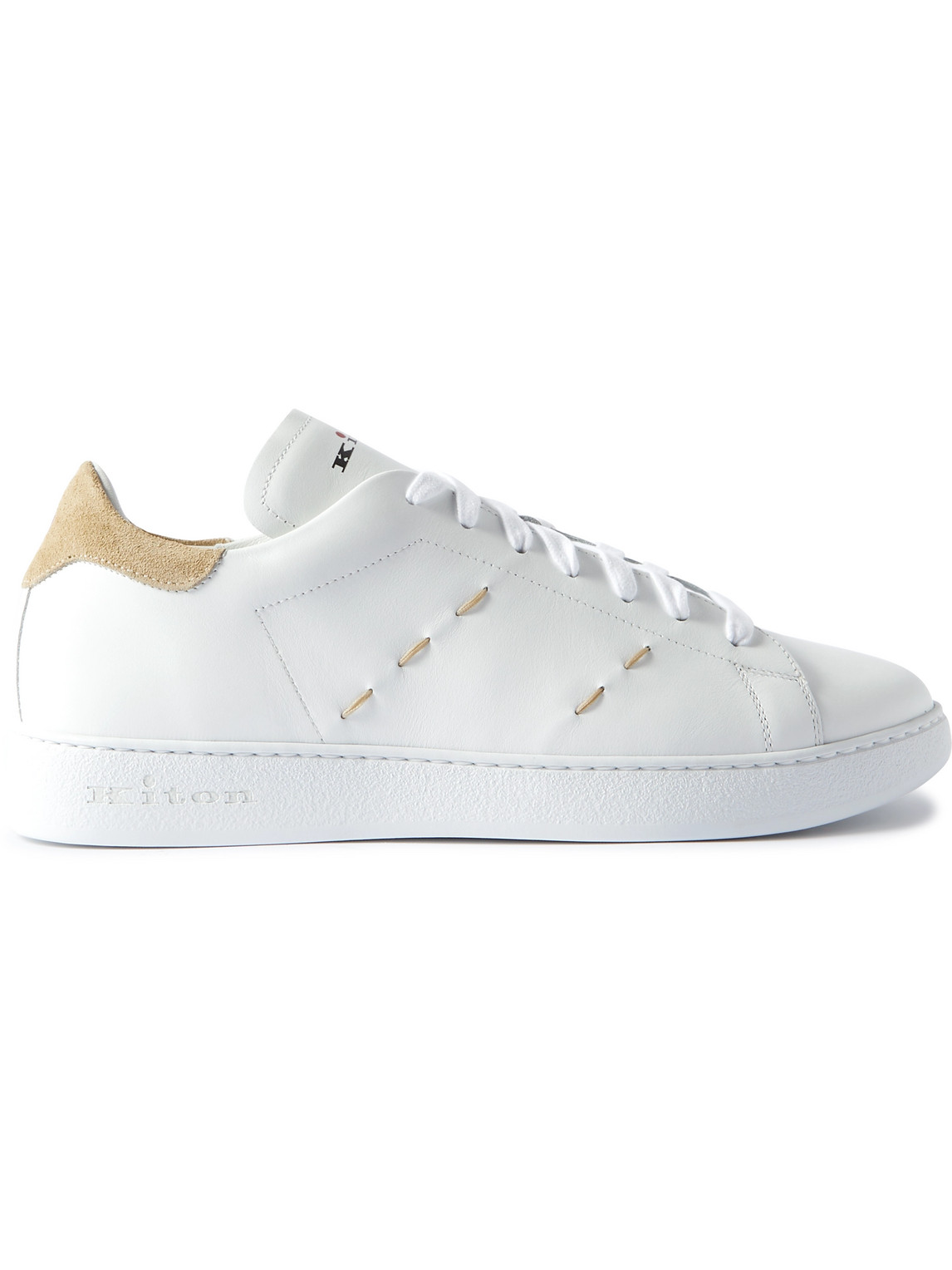 Kiton Suede-trimmed Embroidered Logo-print Leather Sneakers In White