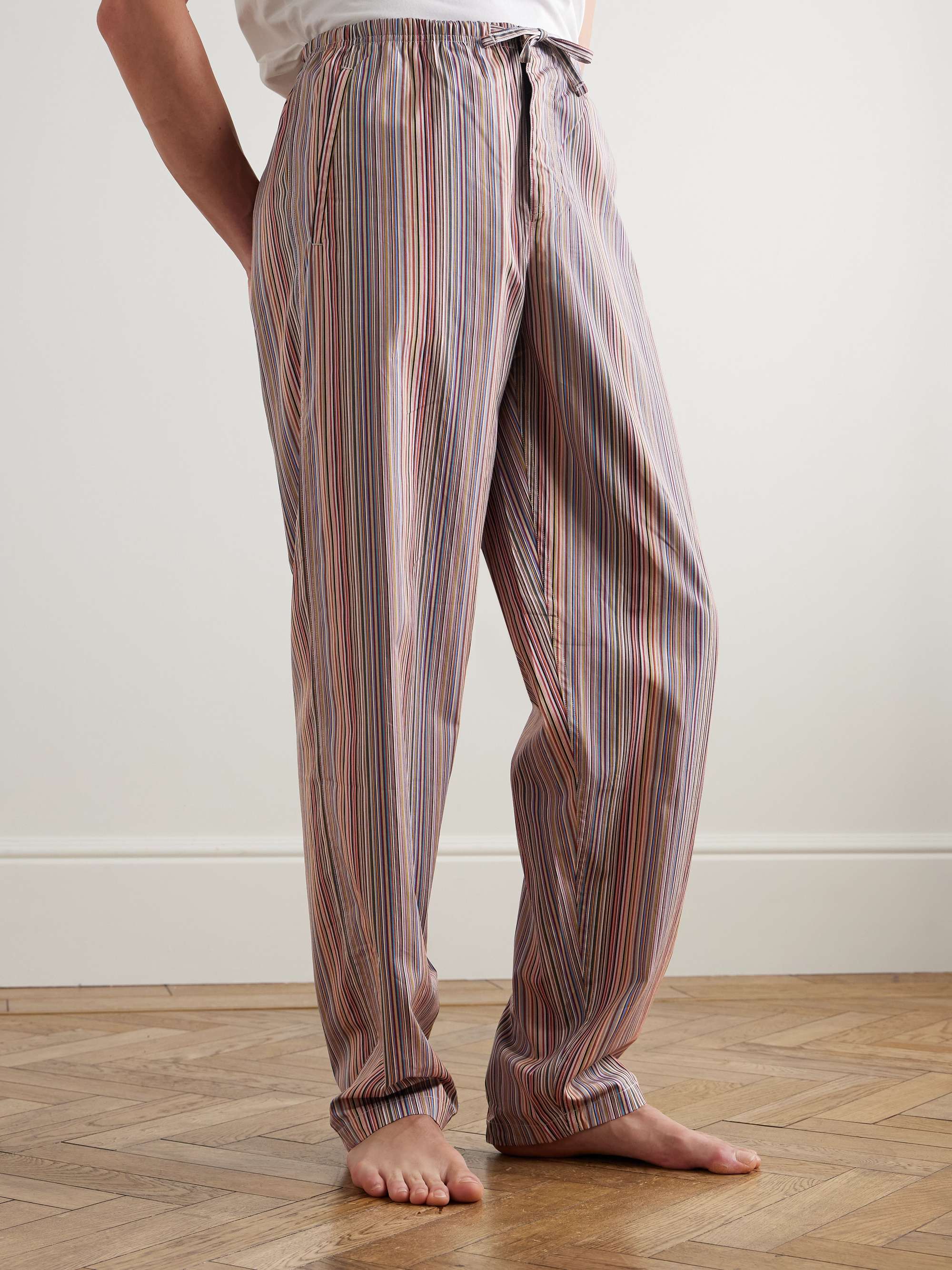 PAUL SMITH بنطال مخطط بأسلوب ملابس النوم من القطن مع رباط شد